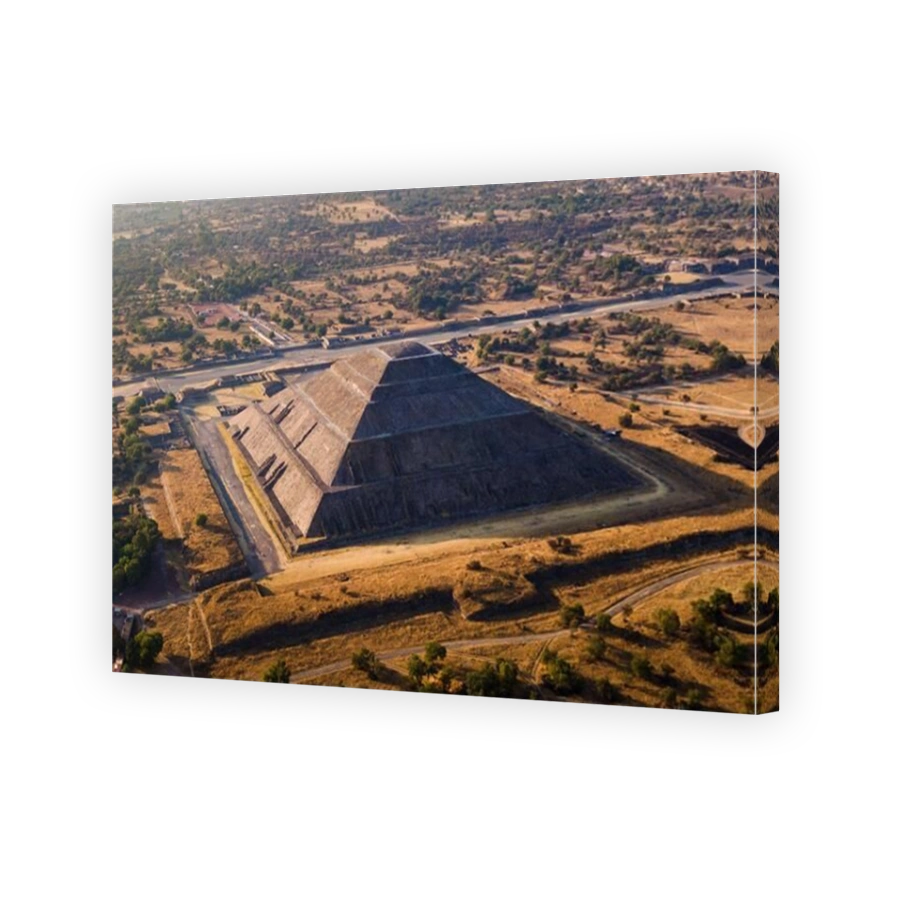 Aerial view of the Pyramid of the Sun at sunset at the ancient Aztec city of Teotihuacan, Mexico.
