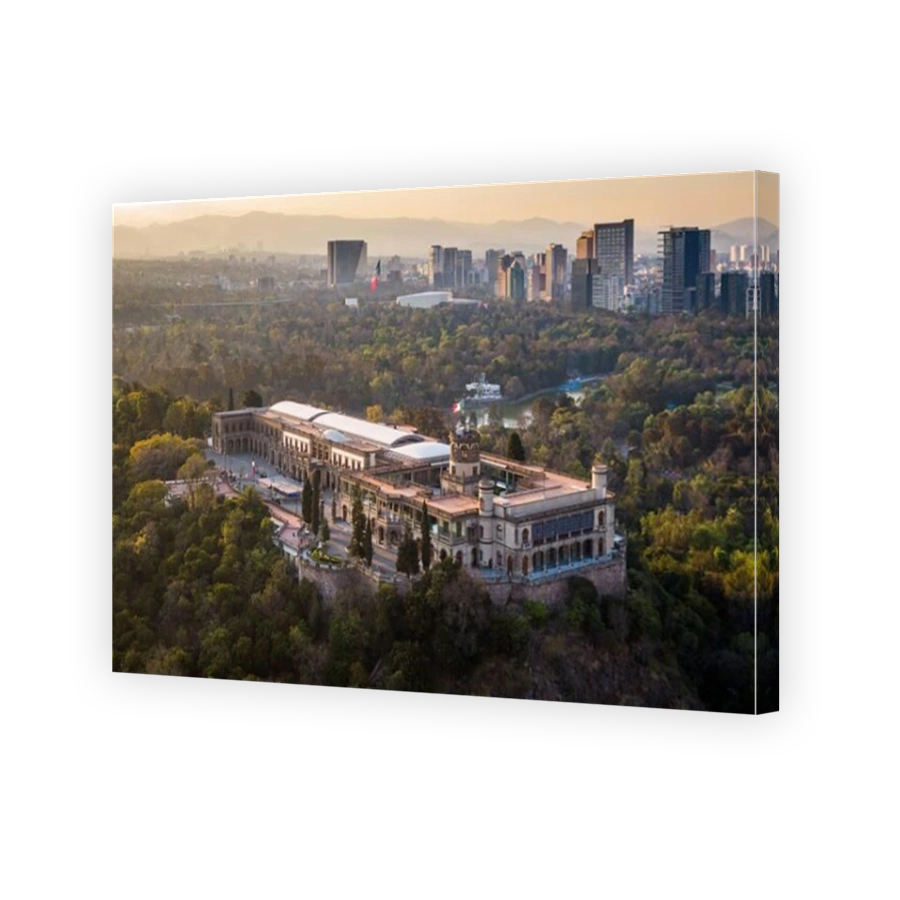 Mexico City, Mexico, aerial view of Chapultepec Castle at sunset.
