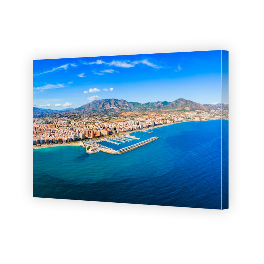 Fuengirola city beach and port aerial panoramic view