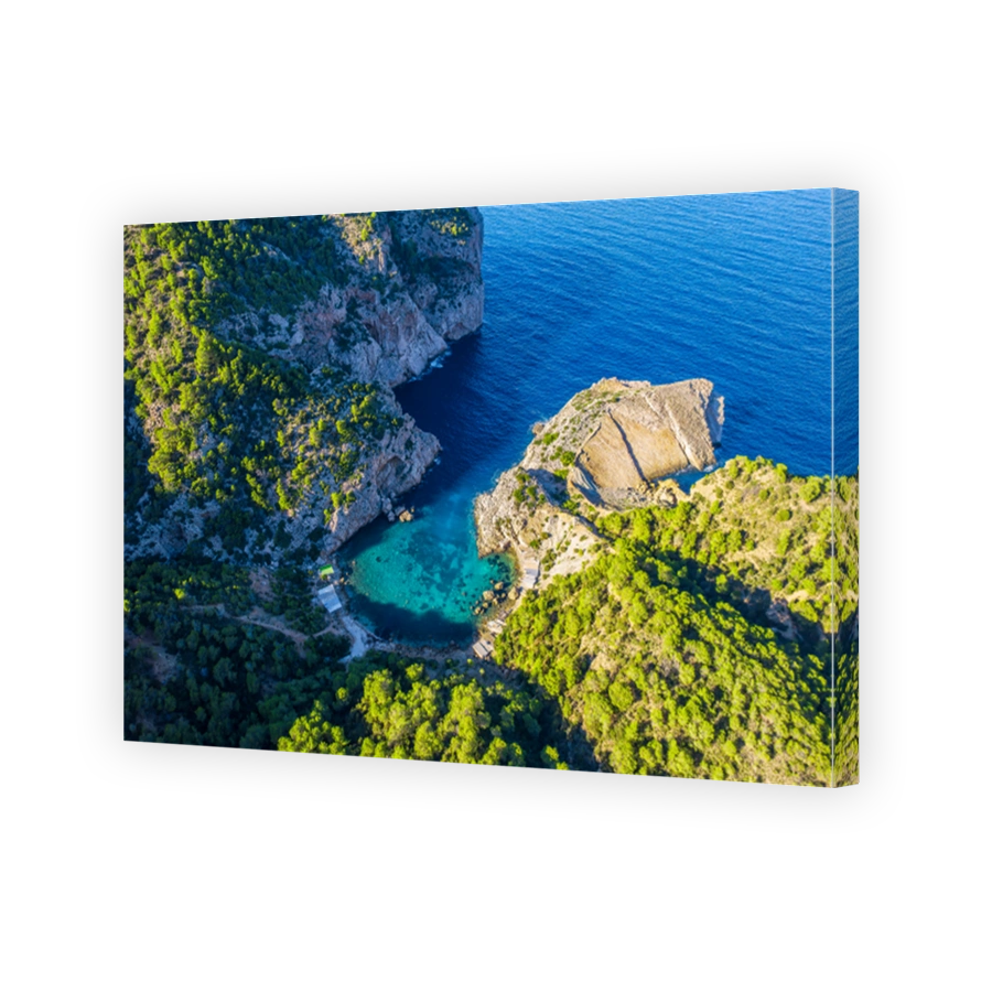 Aerial view of Cala Es Portixol, Ibiza islands, Spain