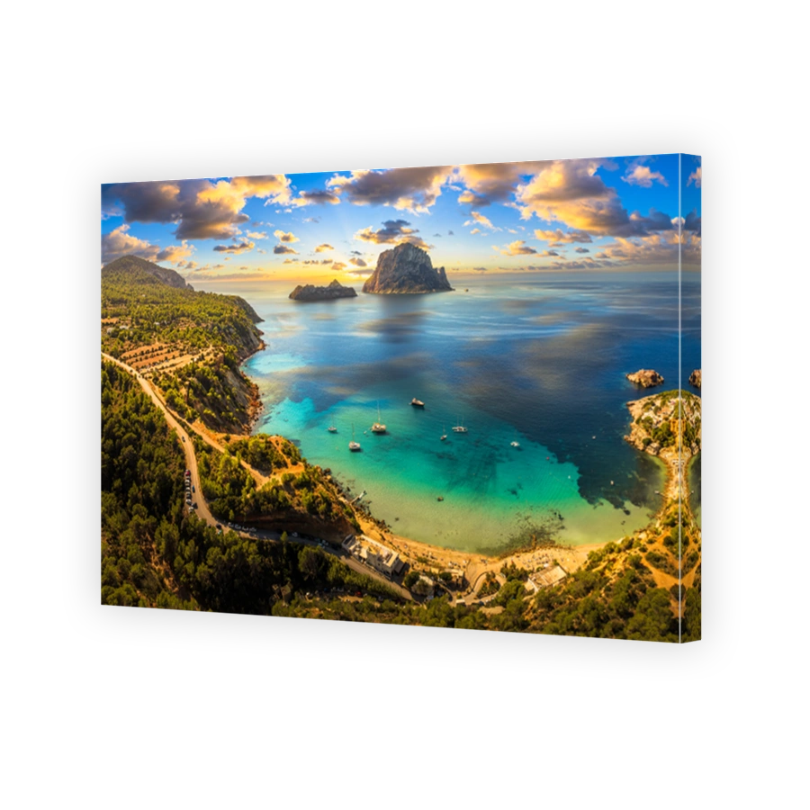 Aerial view of Cala d Hort beach in Ibiza