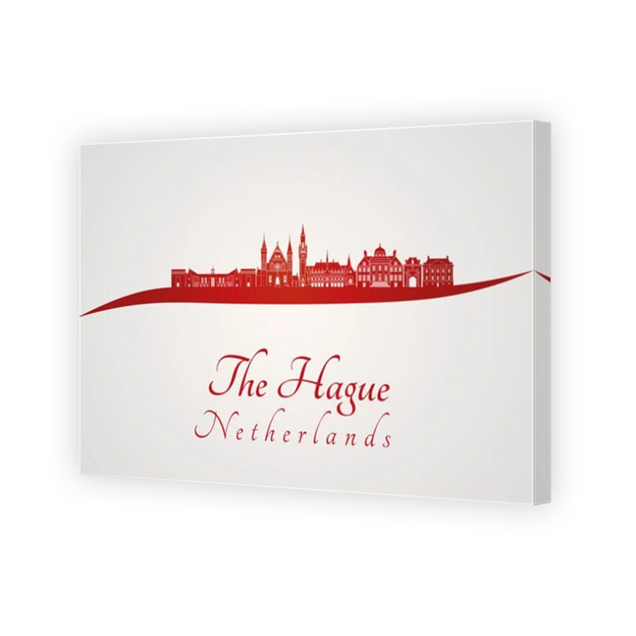 The Hague skyline in red and gray background in editable vector file