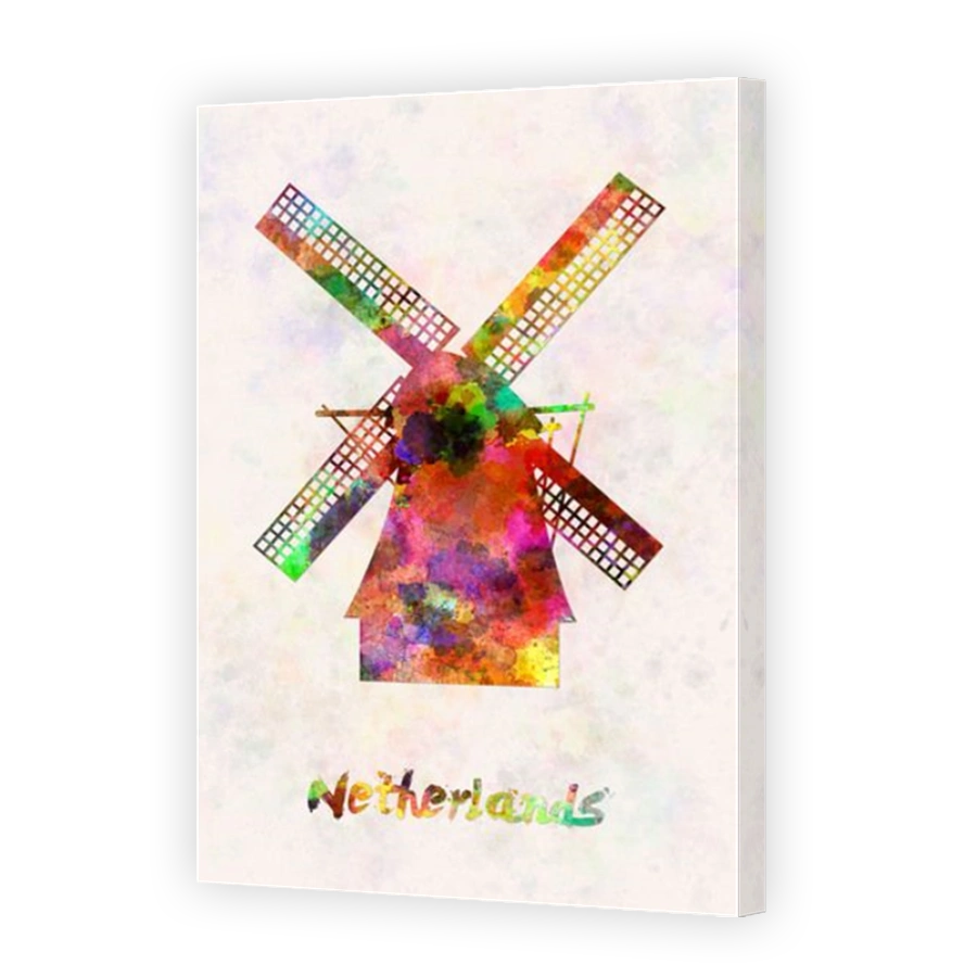Netherlands Landmark Mill in watercolor splatters