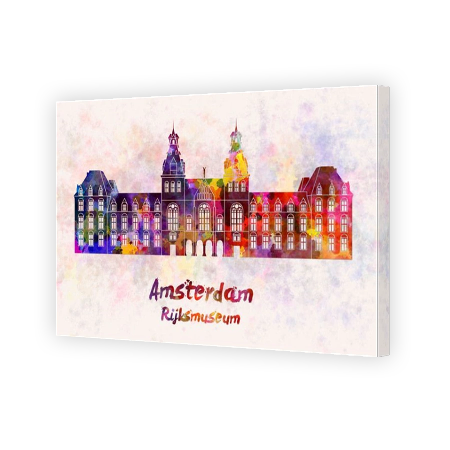 Amsterdam Rijksmuseum Landmark in watercolor splatters with clipping path