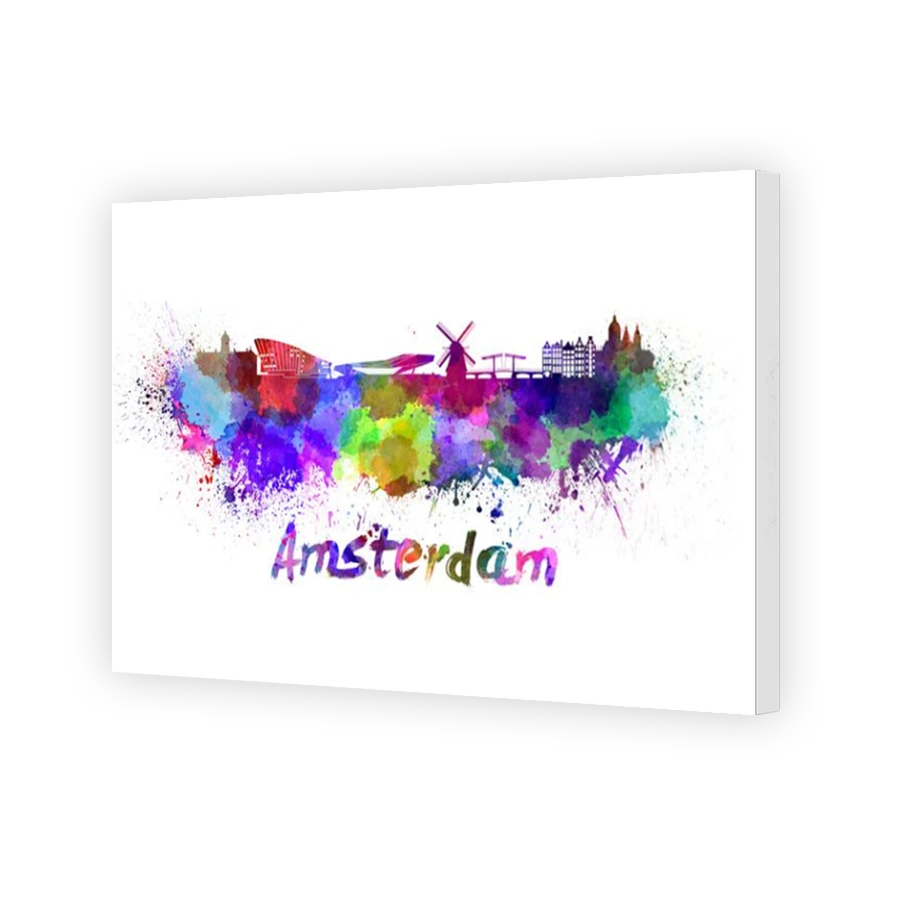 Amsterdam skyline in watercolor splatters