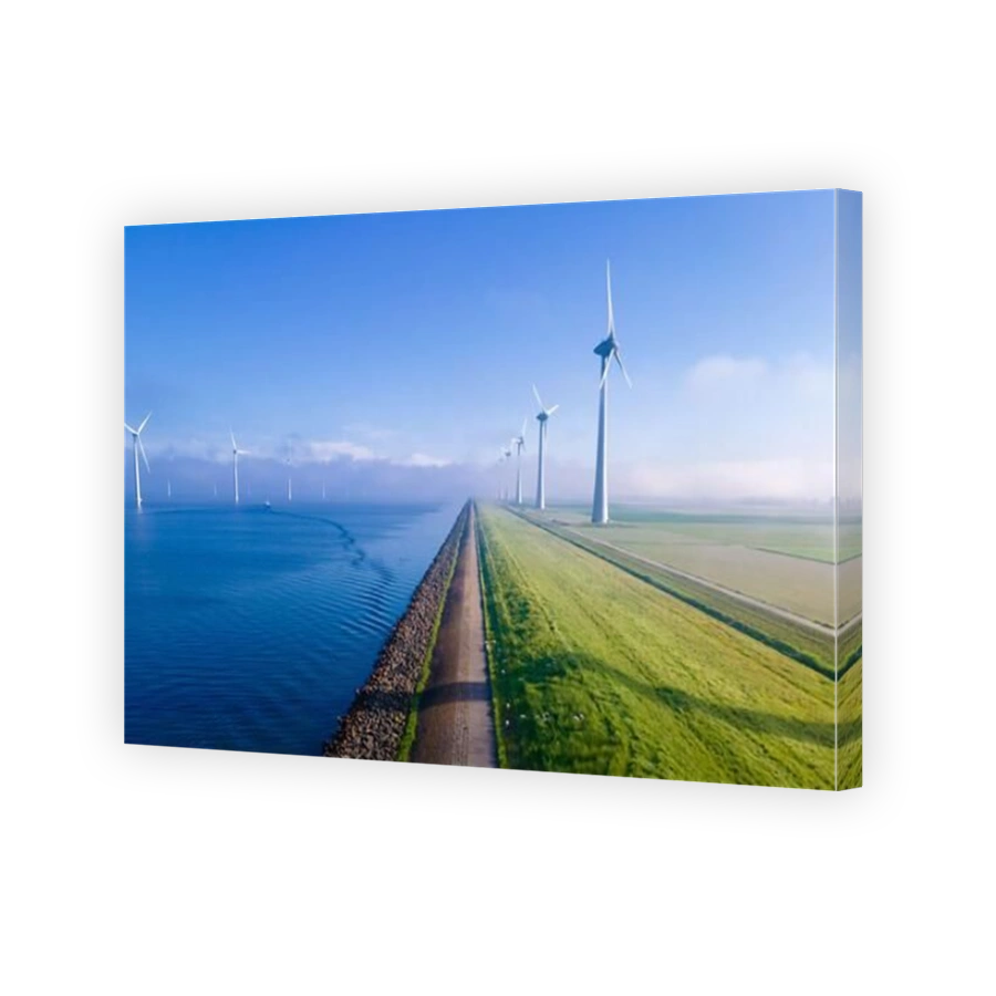 offshore windmill park with clouds and a blue sky, windmill park in the ocean aerial view with wind turbine Flevoland Netherlands Ijsselmeer. Green energy
