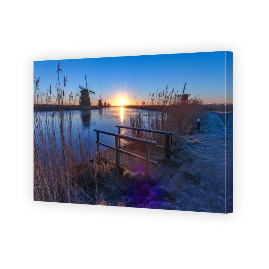 Heron flying over the frozen Kinderdijk Sunrise