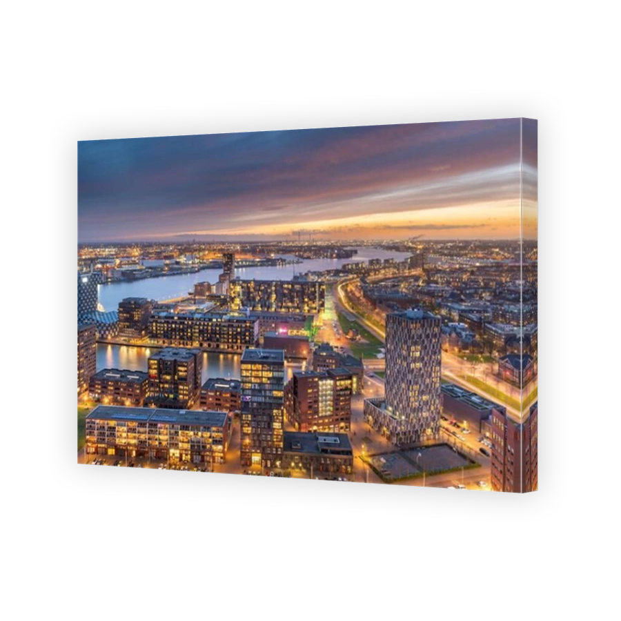 Rotterdam, Netherlands, cityscape towards the borough of Delfshaven at twilight