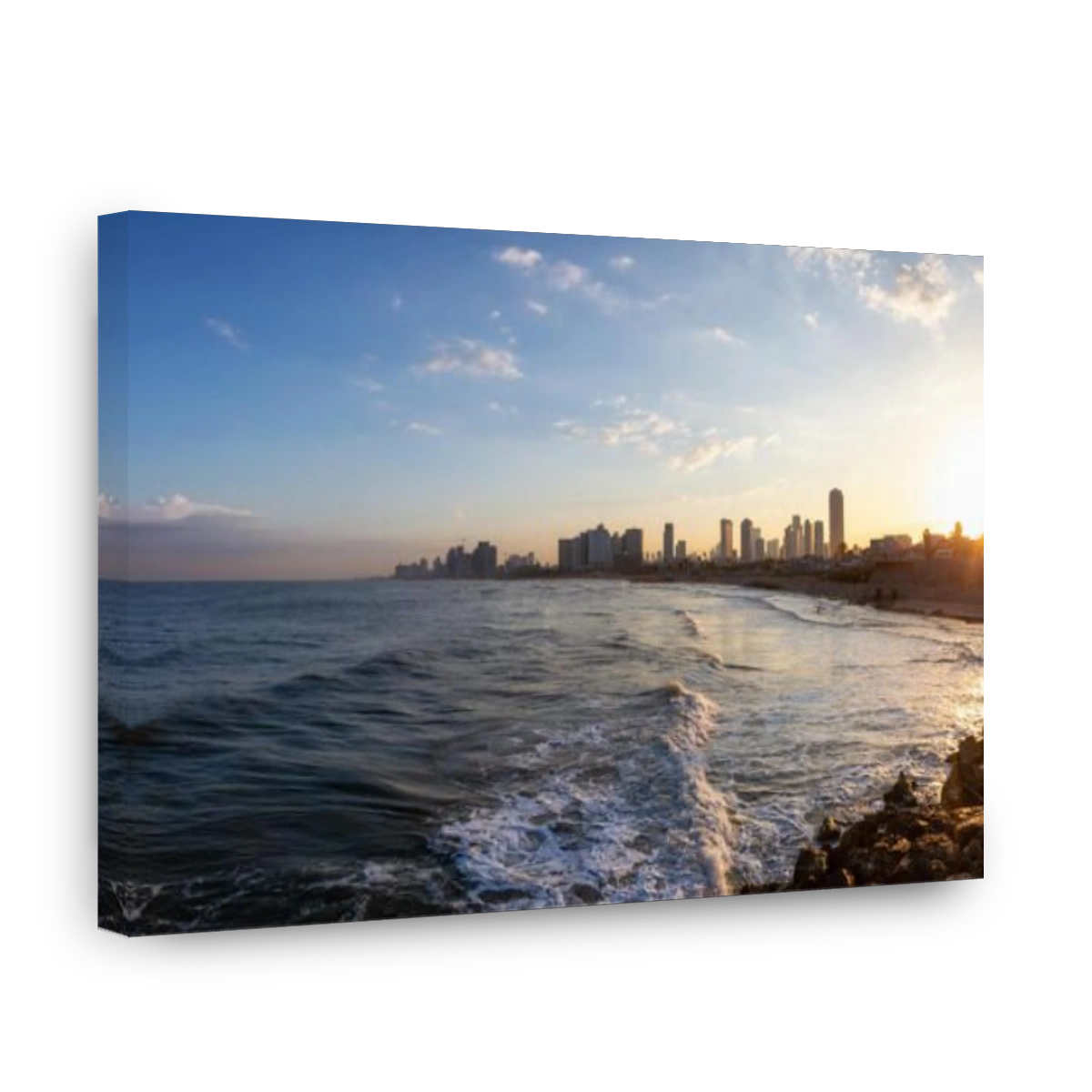 Panoramic view of a modern downtown city on the Mediterranean Sea during a colorful sunrise. Taken in Jaffa, Tel Aviv-Yafo, Israel,