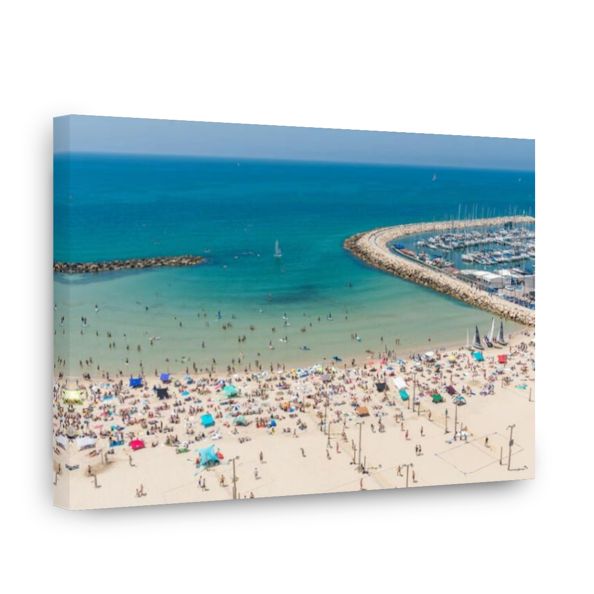Israel, Tel Aviv-Yafo - April 4, 2017: Beach next to the marina in Tel Aviv-Yafo seen from above