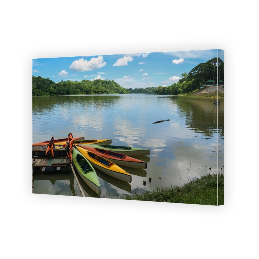 Colorful kayak boats on the lake shore
