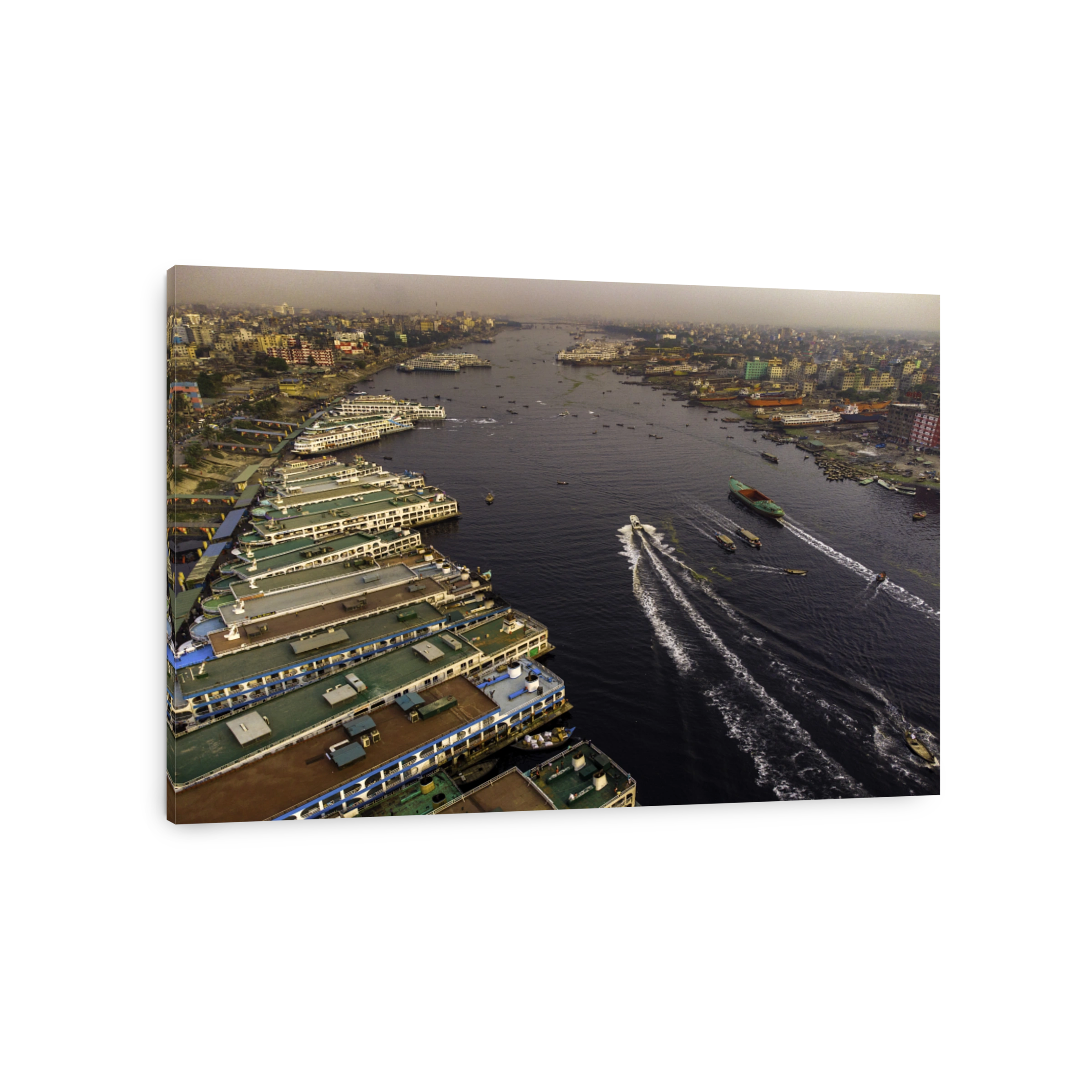 High Angle View Of Ships In City River