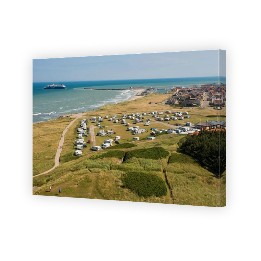 Camping site by the sea, Hirtshals at back, Hirtshals, Kommune Hjørring, Region Nordjylland, Jutland, Denmark
