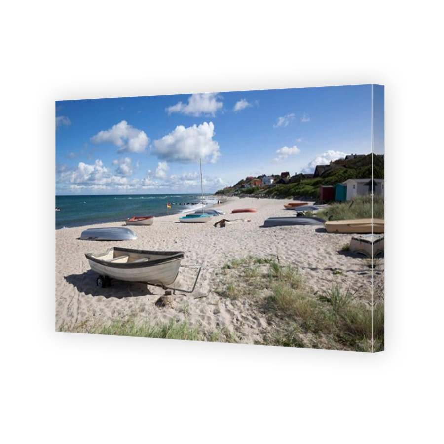 Boats on white sand beach and town behind, Tisvilde, Kattegat Coast, Zealand, Denmark, Scandinavia, Europe