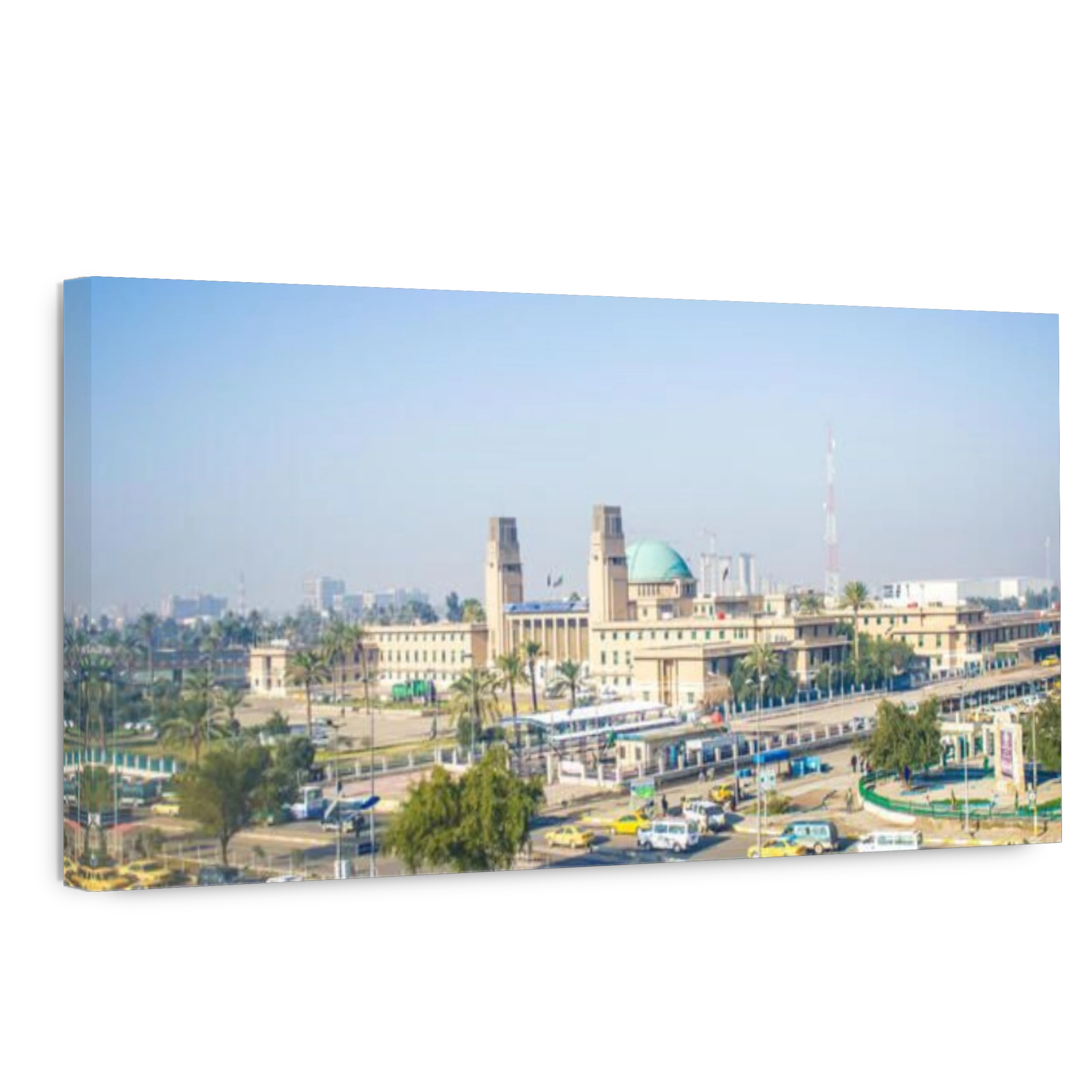 photo of the city of Baghdad, and shows where residential complexes and the Tigris River and bridges. The city of Baghdad, capital of Iraq.