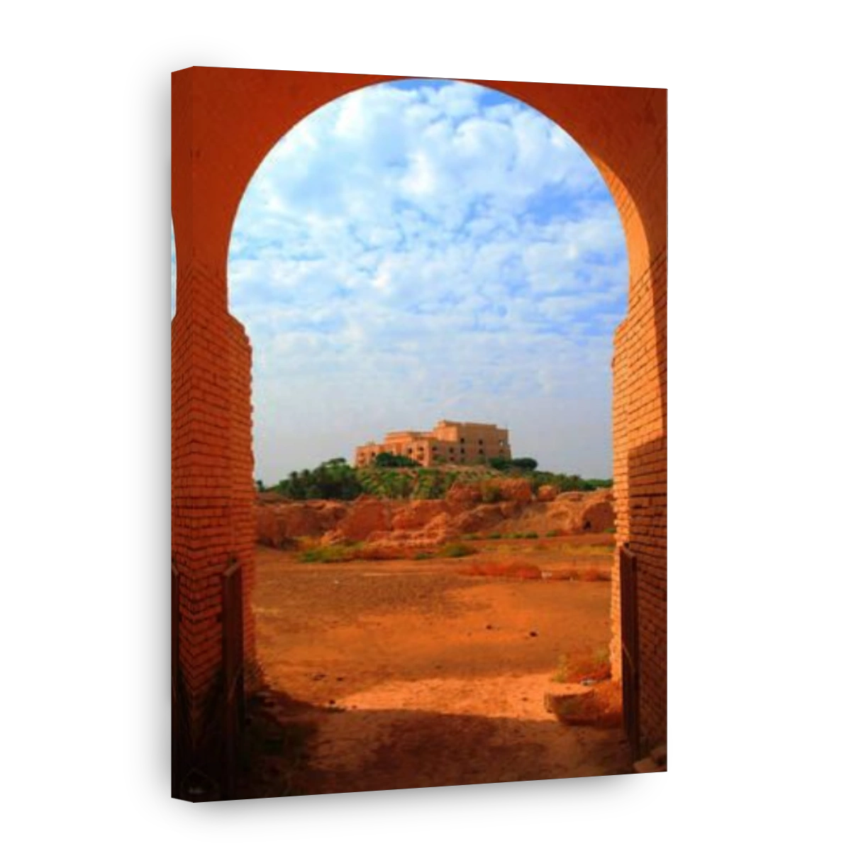 Former Saddam Hussein Palace in Babylon, view through Babylonian ruins arch , Iraq