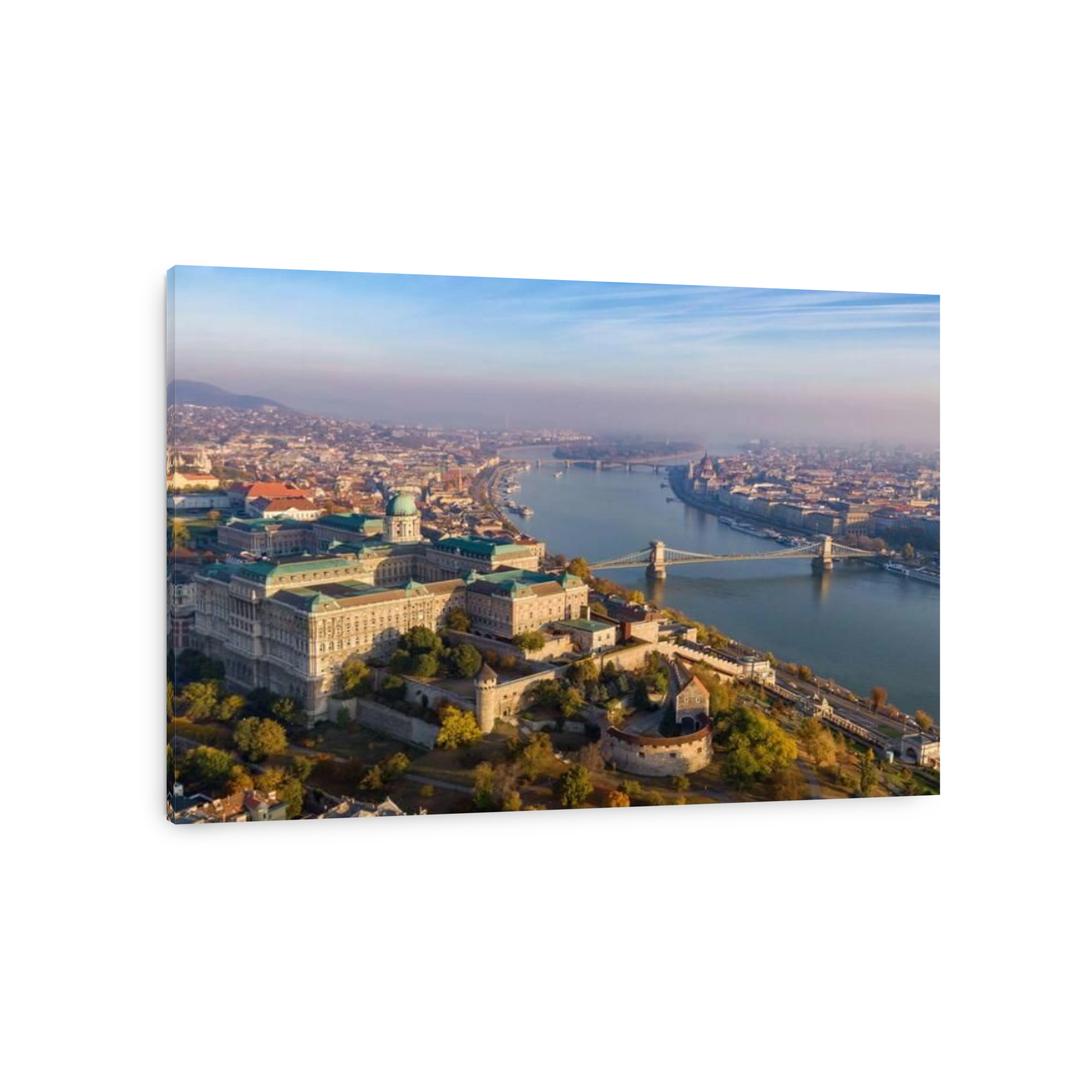 Budapest, Hungary, aerial view of Budapest cityscape at sunrise in autumn season.
