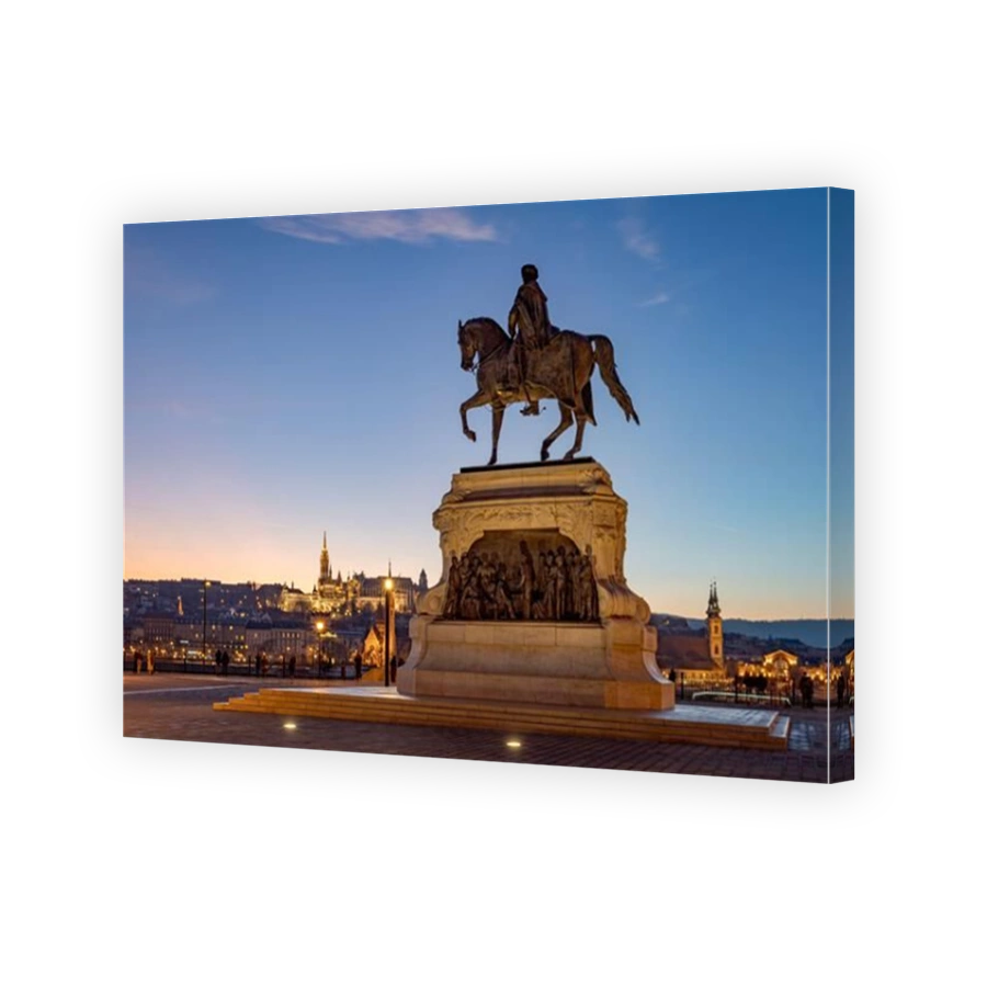 Gyula Andrássy monument against Matthias church with the Fisherman Bastion illuminated at the blue hour. Photo taken on 24th January 2025 in Budapest,