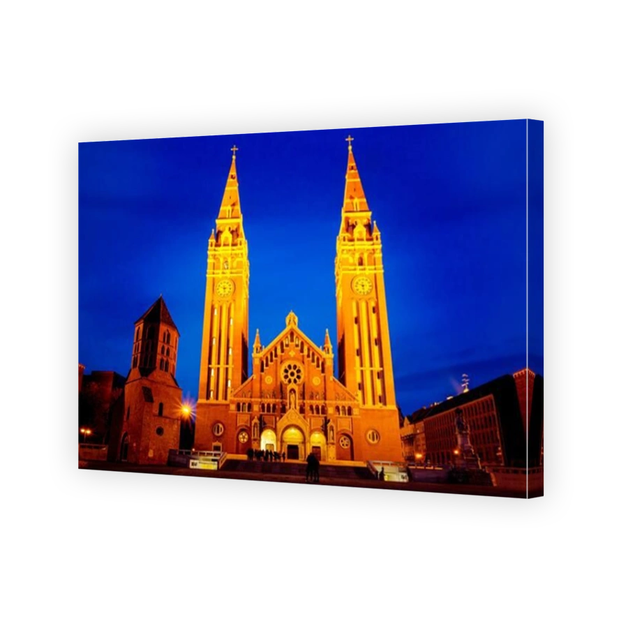 Votive church and Dome square in Szeged, at the blue hour. Photo taken on 29th of February 2020 in Szeged, Hungary.
