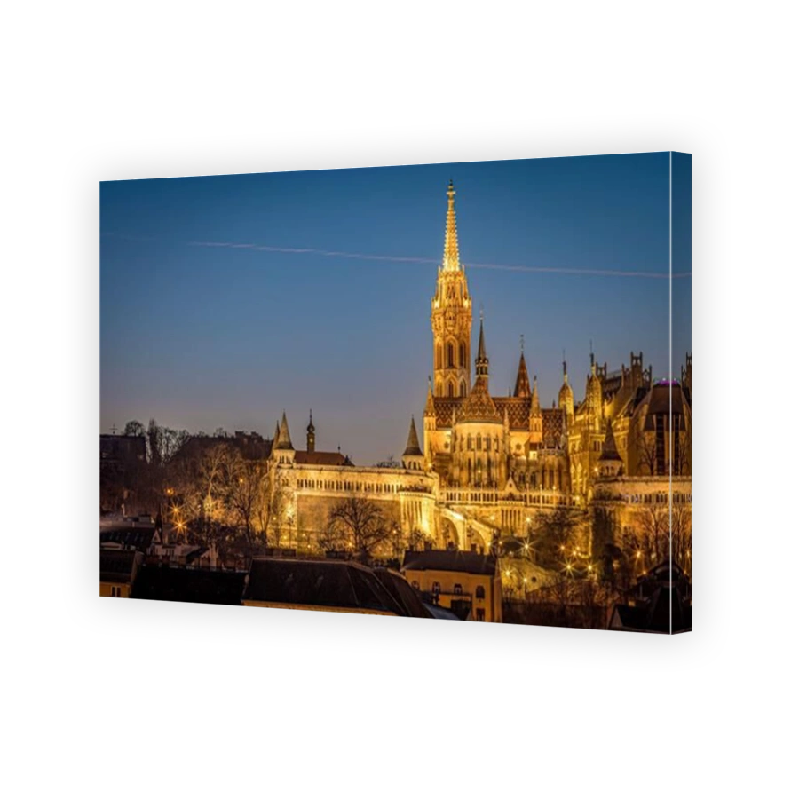 Matthias Church tower and the Fisherman Bastion illuminated at the blue hour. Photo taken on 24th January 2025 in Budapest, Hungary.