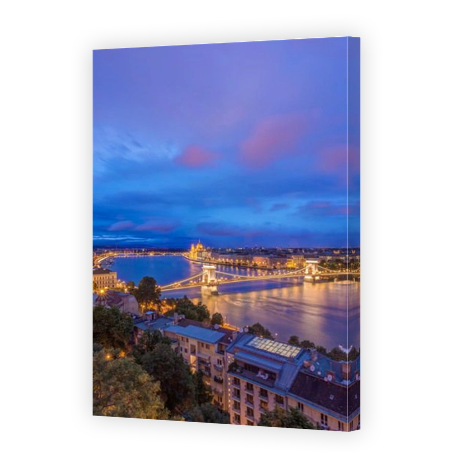 View of Chain Bridge illuminated at night, Budapest, Hungary