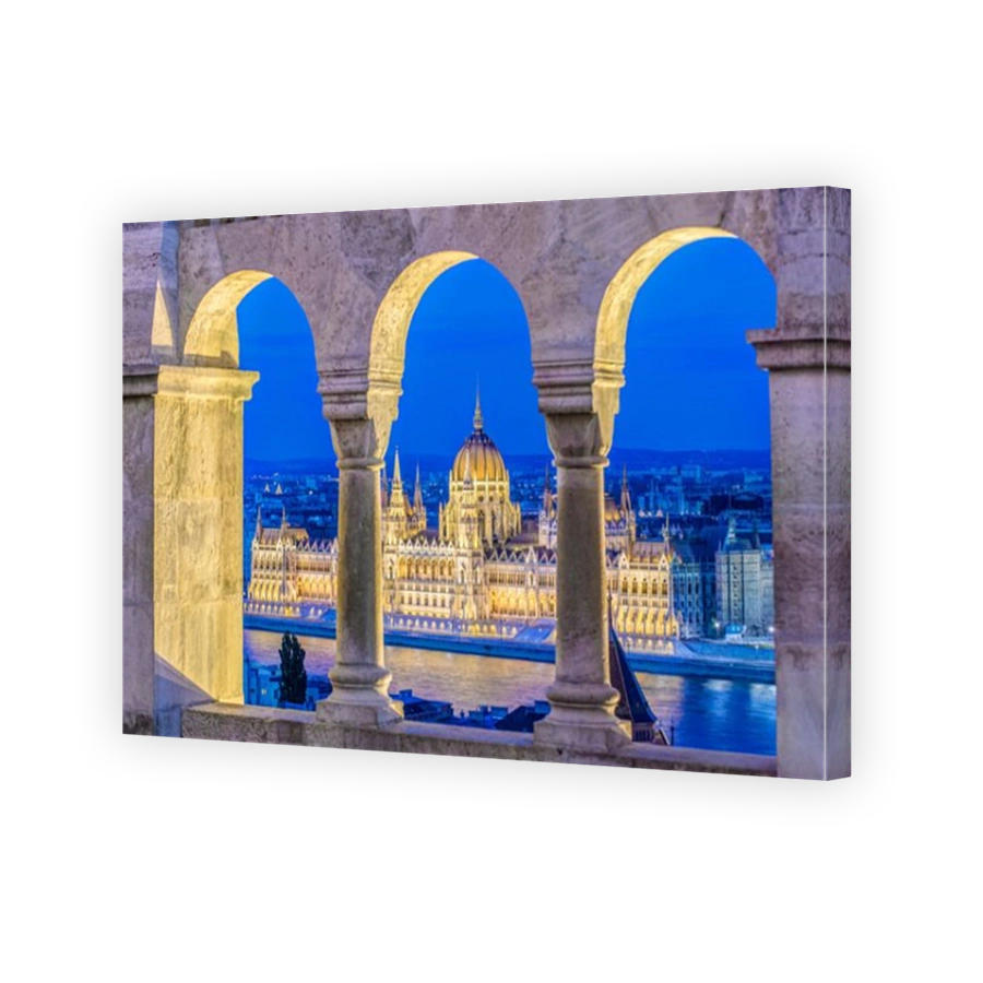 View of Parliament Building illuminated at dusk, Budapest, Hungary