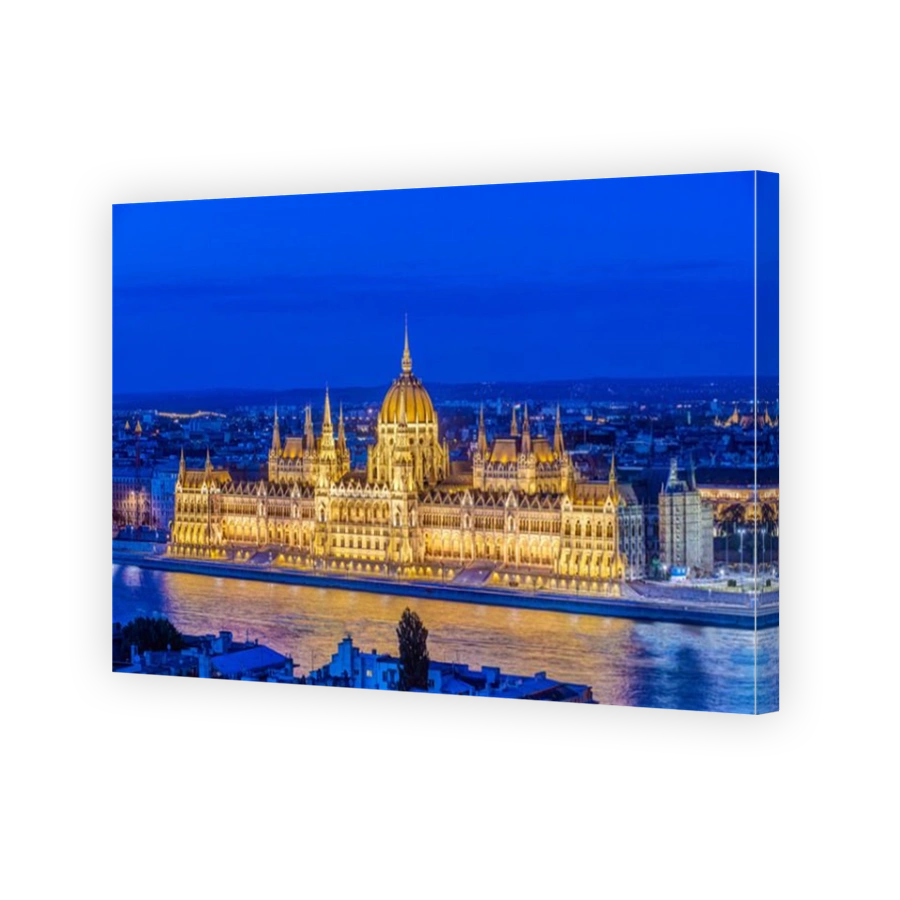 View of Parliament Building illuminated at dusk, Budapest, Hungary