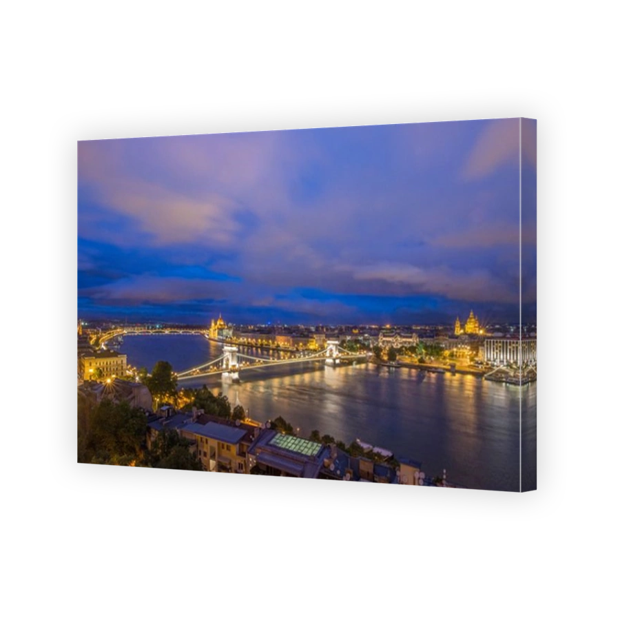 View of Chain Bridge illuminated at night, Budapest, Hungary