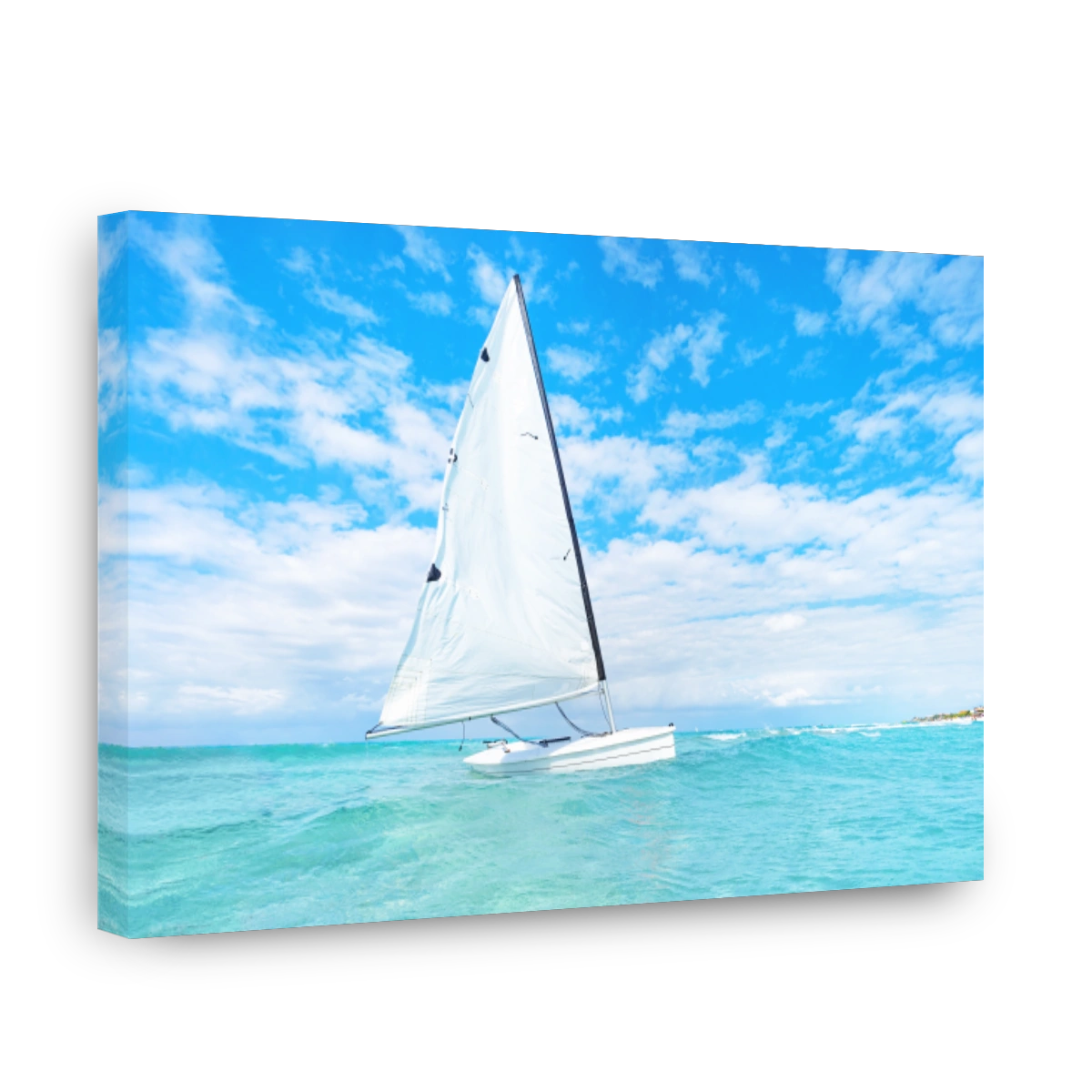 A catamaran with a white sail drifts through the turquoise waters of the Caribbean sea without people. Beautiful scenery. view of catamaran sailing in ocean open water