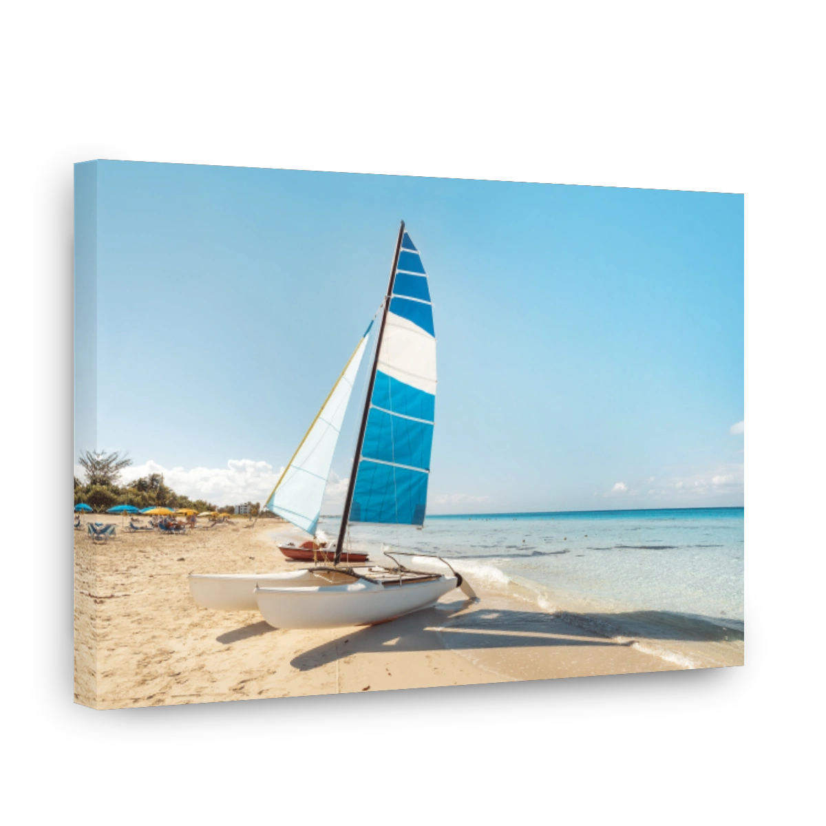 sailing catamaran is parked on the white sand on the seashore against the backdrop of beautiful tropical nature. tourist attractions in Cuba.
