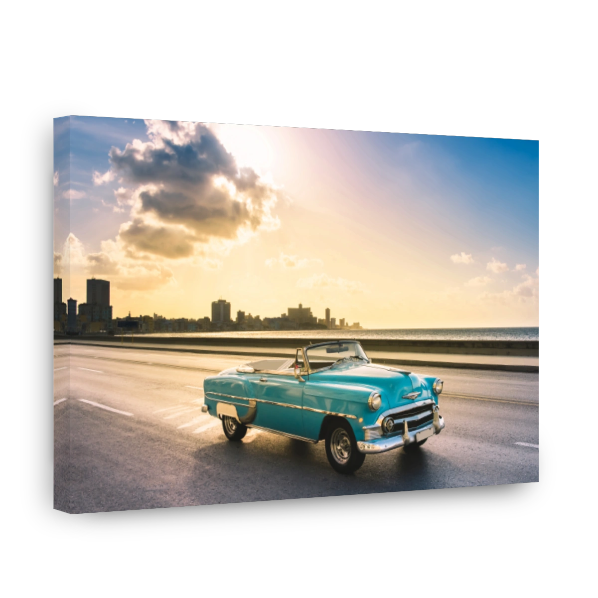 American blue 1953 convertible convertible vintage car on the promenade Malecon in the evening sun in Havana City Cuba - Serie Cuba Reportage
