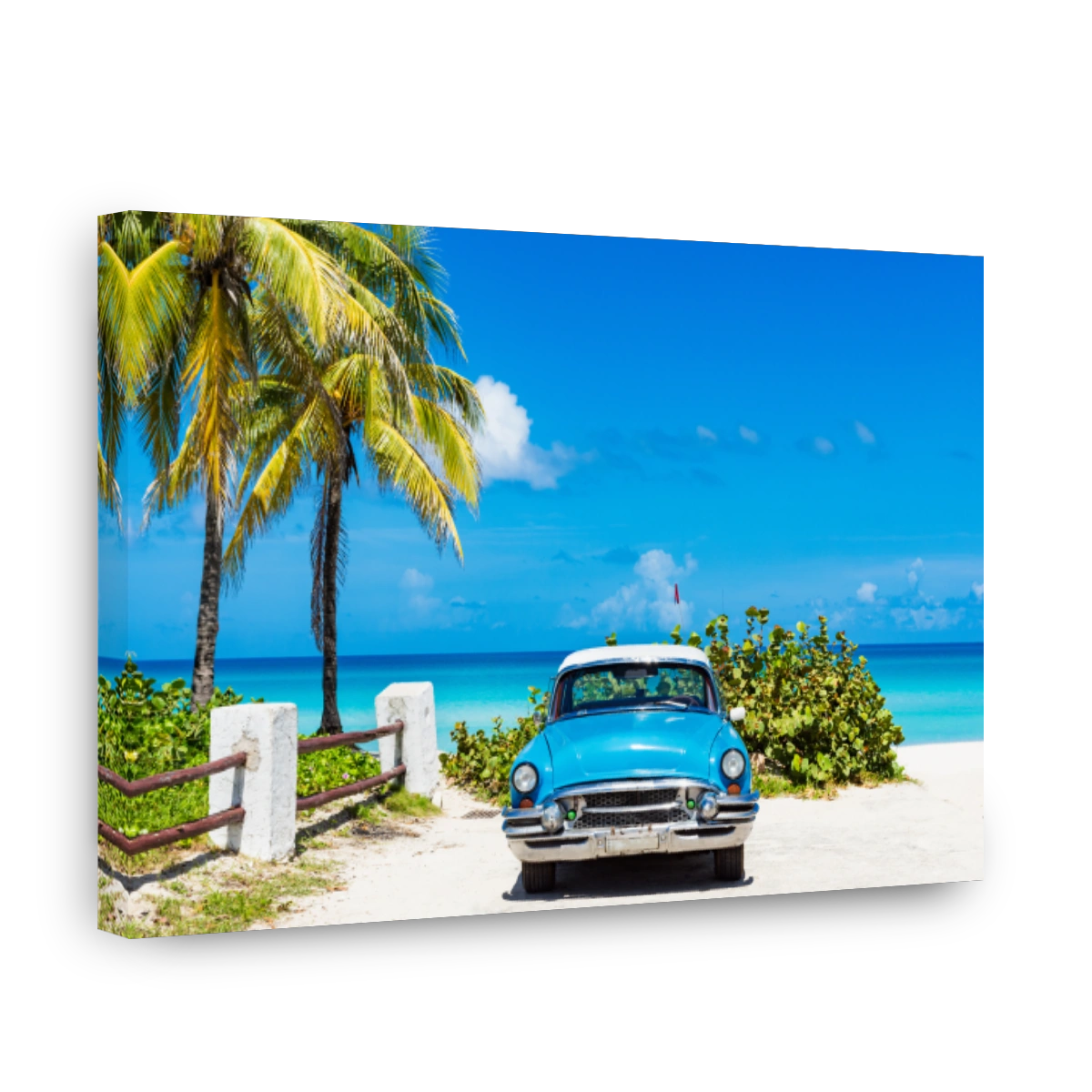 American blue classic car with a white roof parked under palms direct on the beach in Varadero Cuba - Serie Cuba Reportage