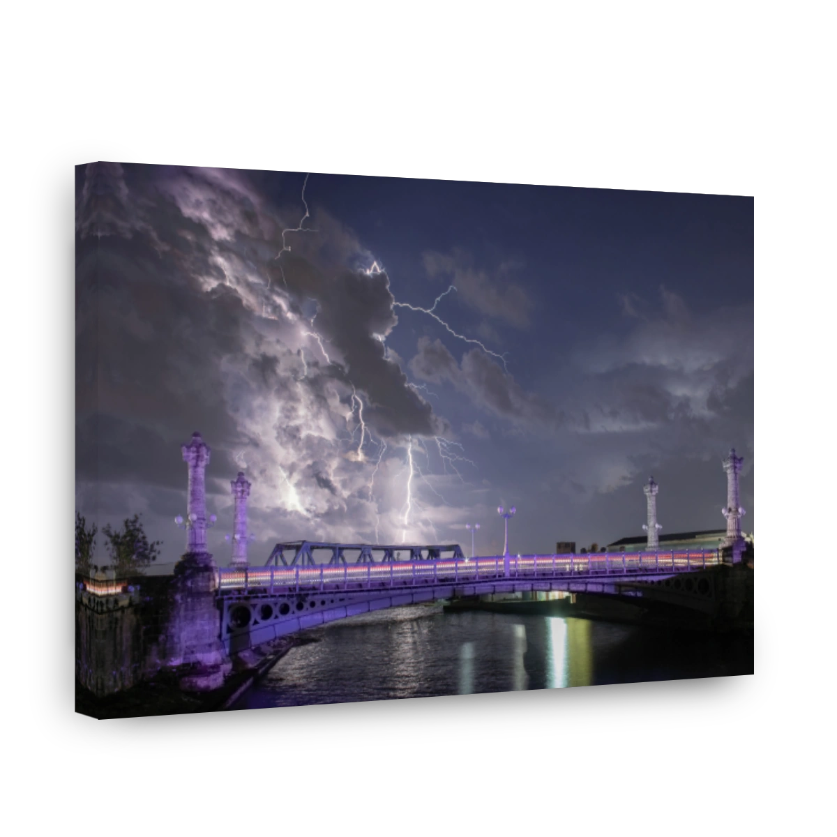 Dramatic night scene featuring lightning bolts over La Concordia Bridge in Matanzas, Cuba.