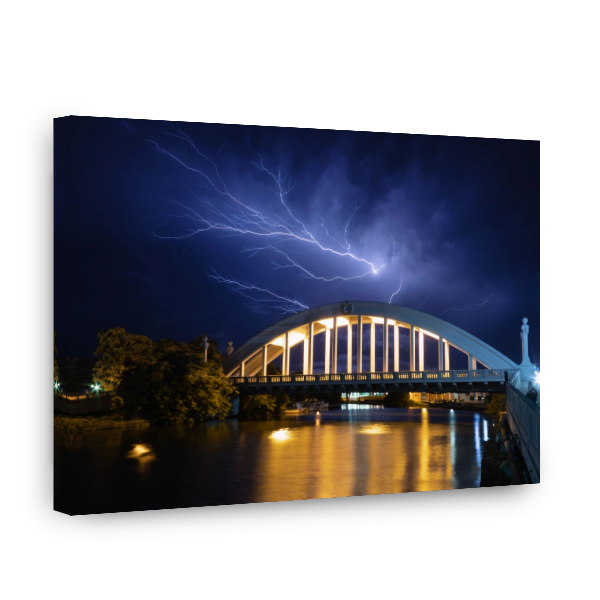 Breathtaking lightning storm at night over the bridge and San Juan river. Matanzas, Cuba.