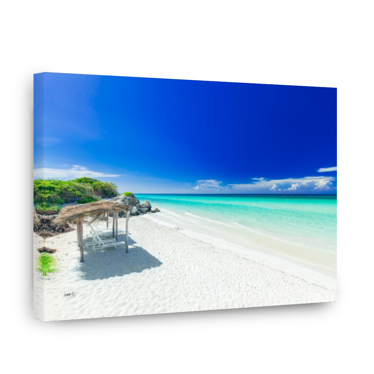 inviting view of tropical white sand beach and tranquil turquoise ocean on dark deep, blue sky background
