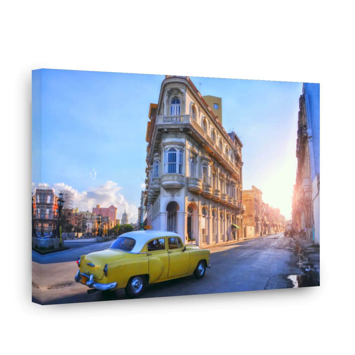Yellow retro car on the ancient streets of Havana. Cuba. Coloring cubes. Vintage retro car