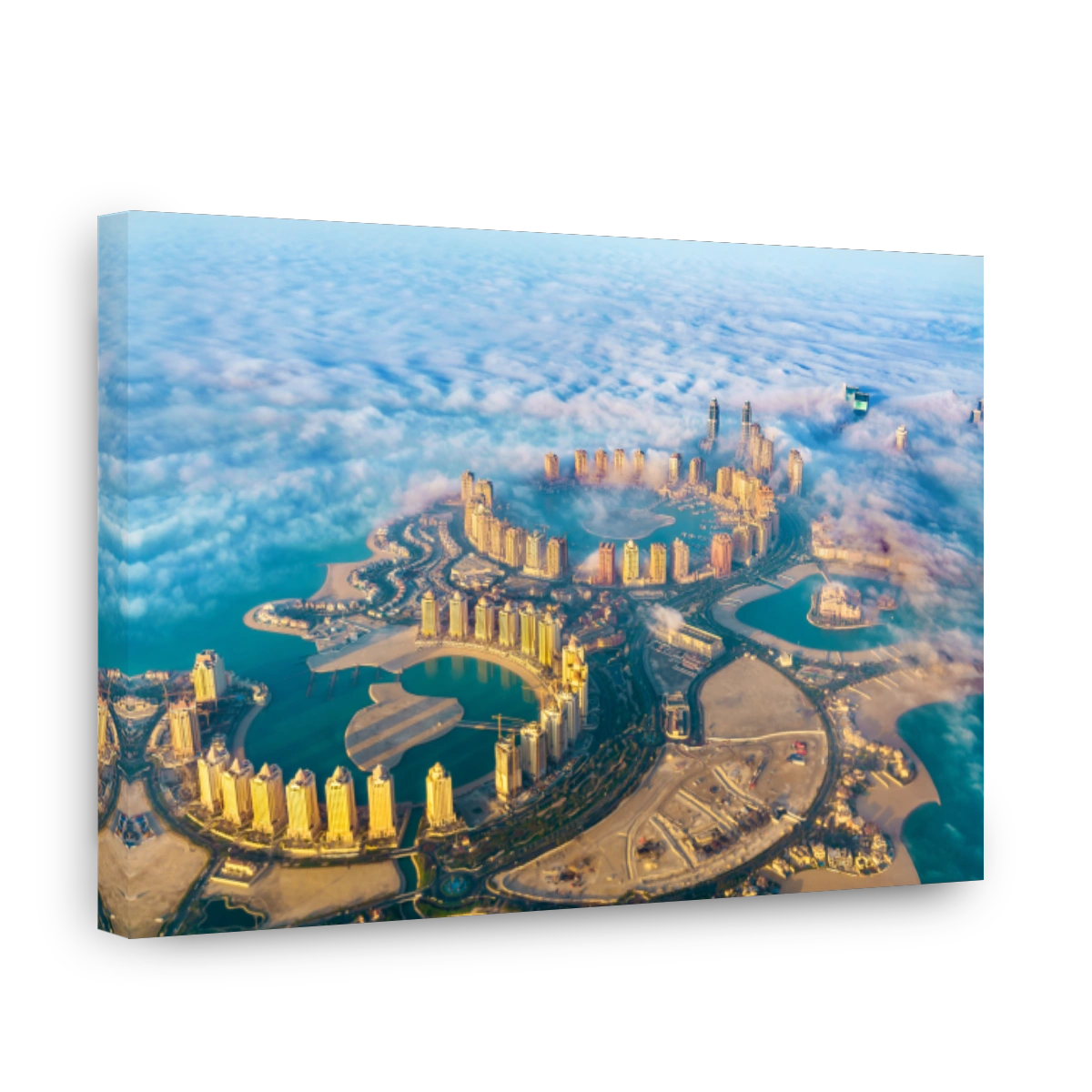 Aerial view of the Pearl-Qatar island in Doha through the morning fog - Qatar, the Persian Gulf