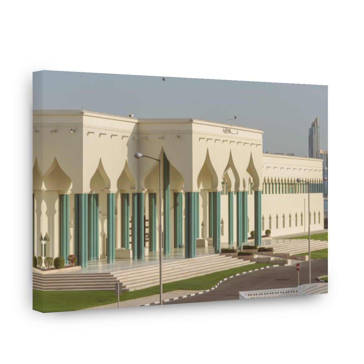 The view of Amiri Diwan government complex and Musheireb Mosque from the Corniche promenade in Doha, Qatar