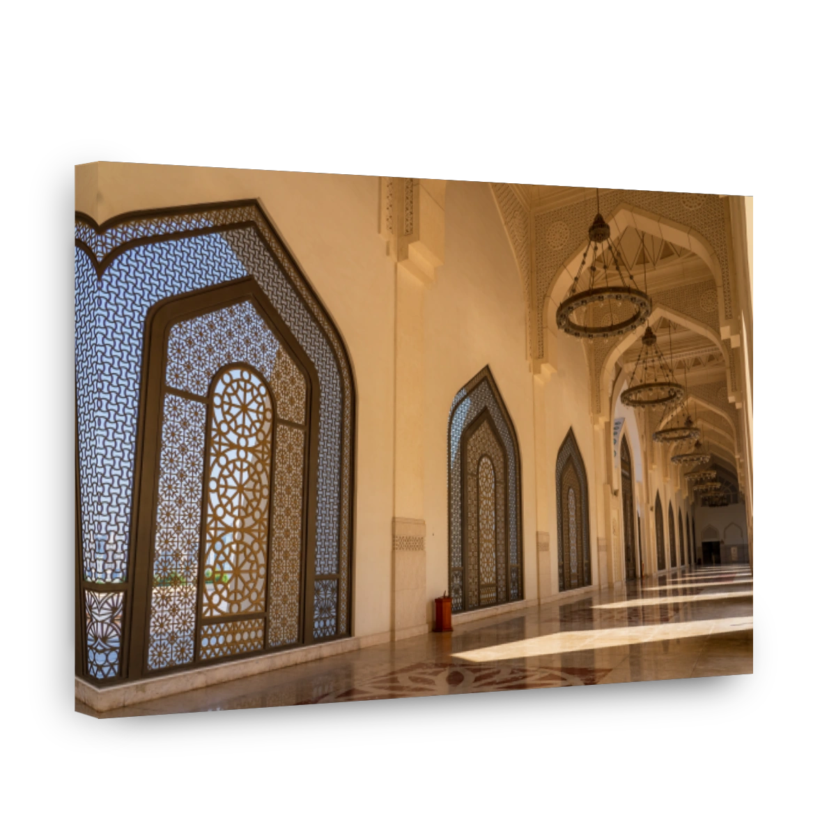 Sun light coming through the colorful stained glass window of a mosque.