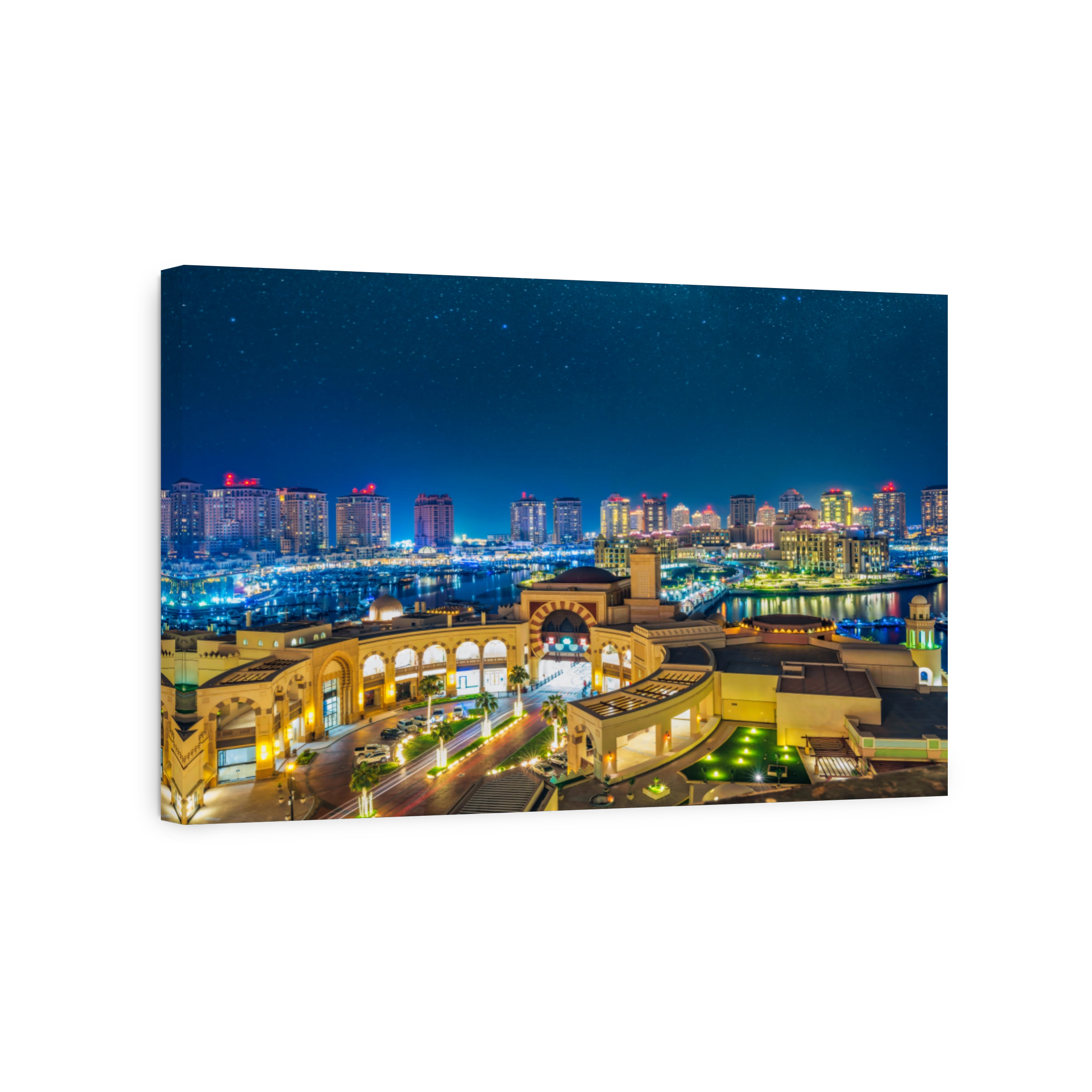 Modern luxury skyscrapers illuminated in the Pearl Doha, Qatar