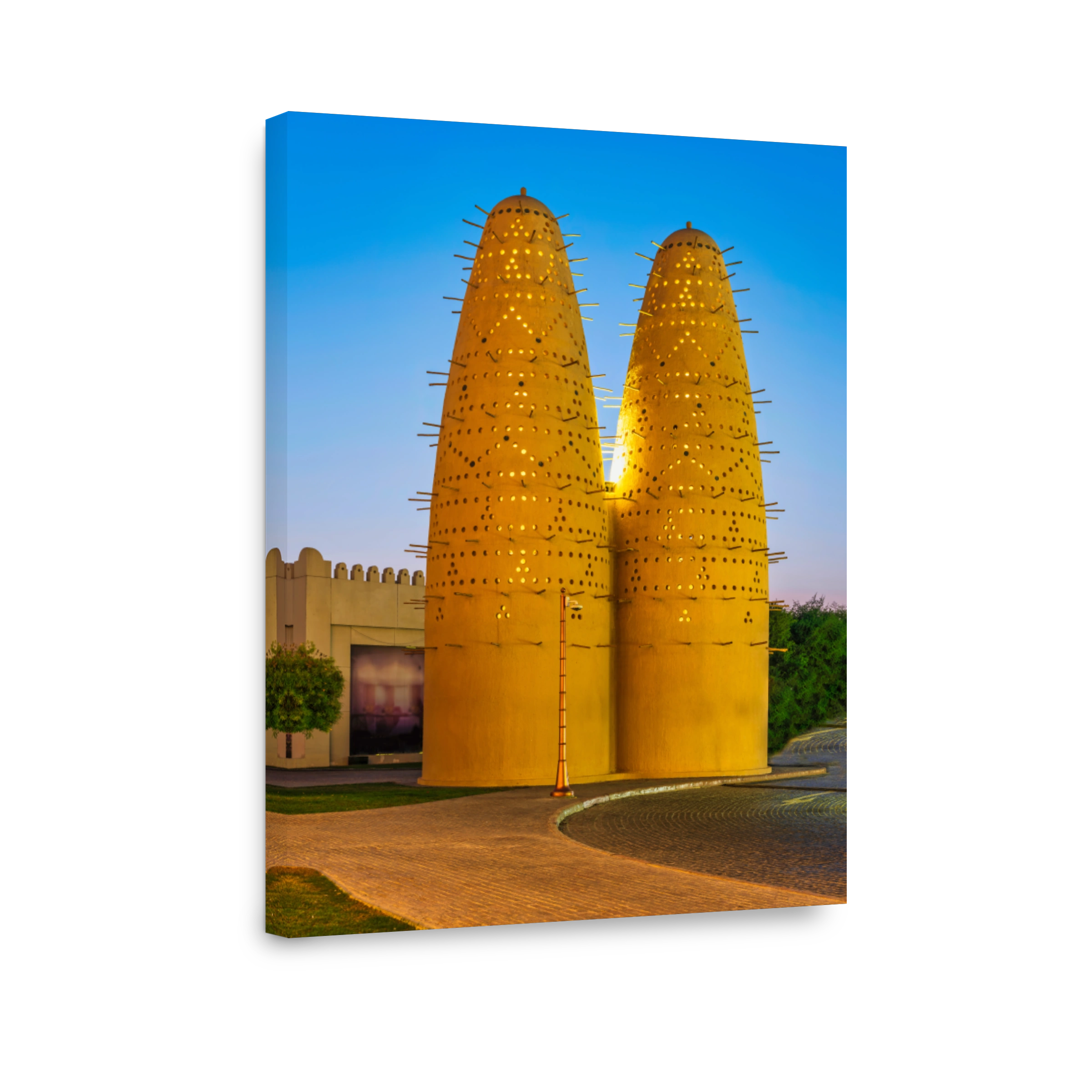 Pigeon tower lit up after sunset in katara village, Doha, Qatar