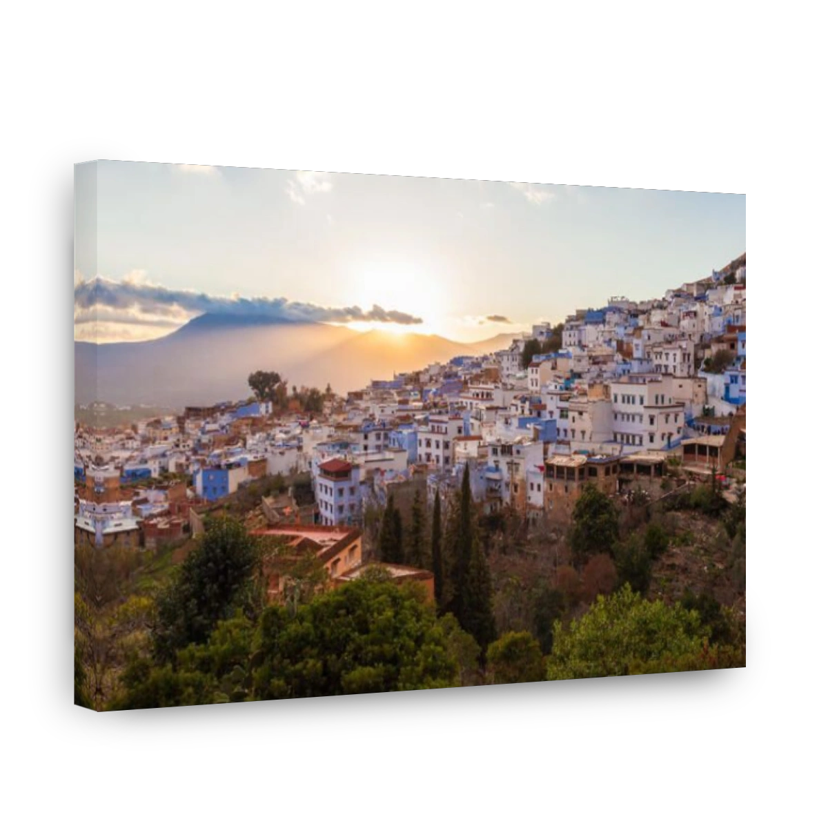 Chefchaouen aerial panoramic view at night. Chefchaouen is a city in northwest Morocco. Chefchaouen is noted for its buildings in shades of blue.