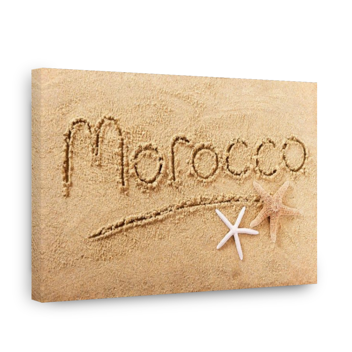 Morocco beach word written in sand