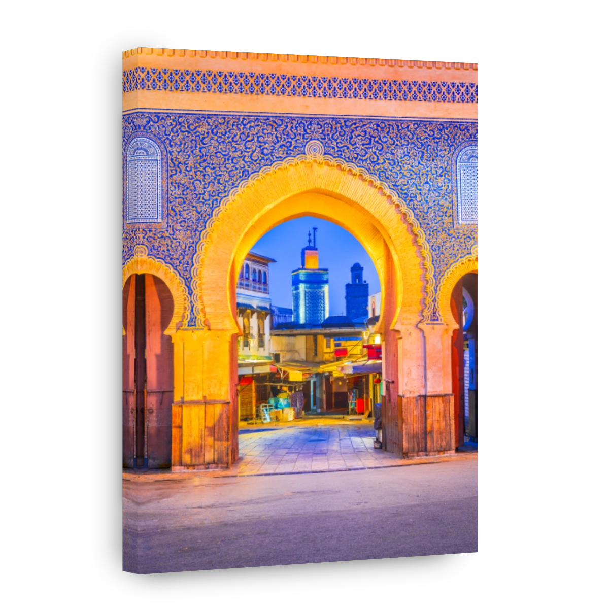 Bab Boujeloud, Blue Gate of Fes, Minaret of Madrasa Bou Inania madrasah, Medina of Fez, Morocco