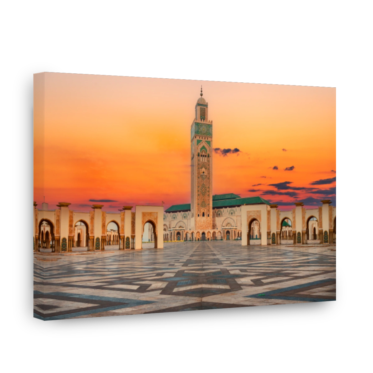 Casablanca, Morocco. Front view of the Hassan II mosque and the highest minaret in the world, Arabian style