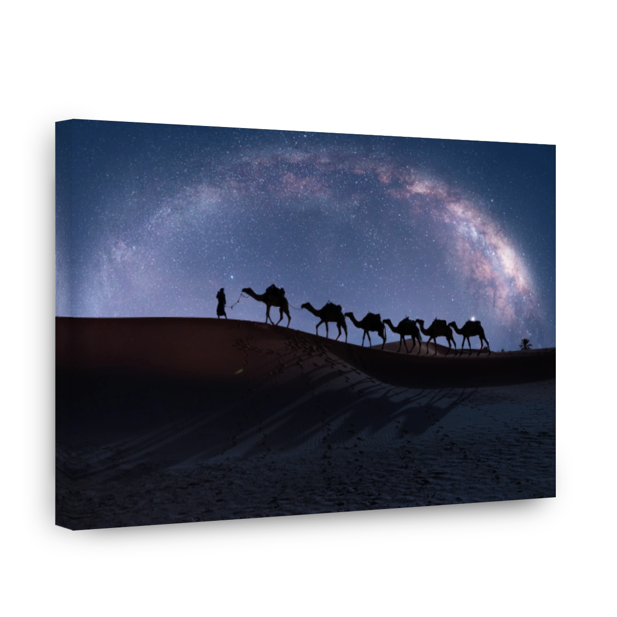 Camel caravan in the desert with milky way galaxy -  Sahara, Morrocco