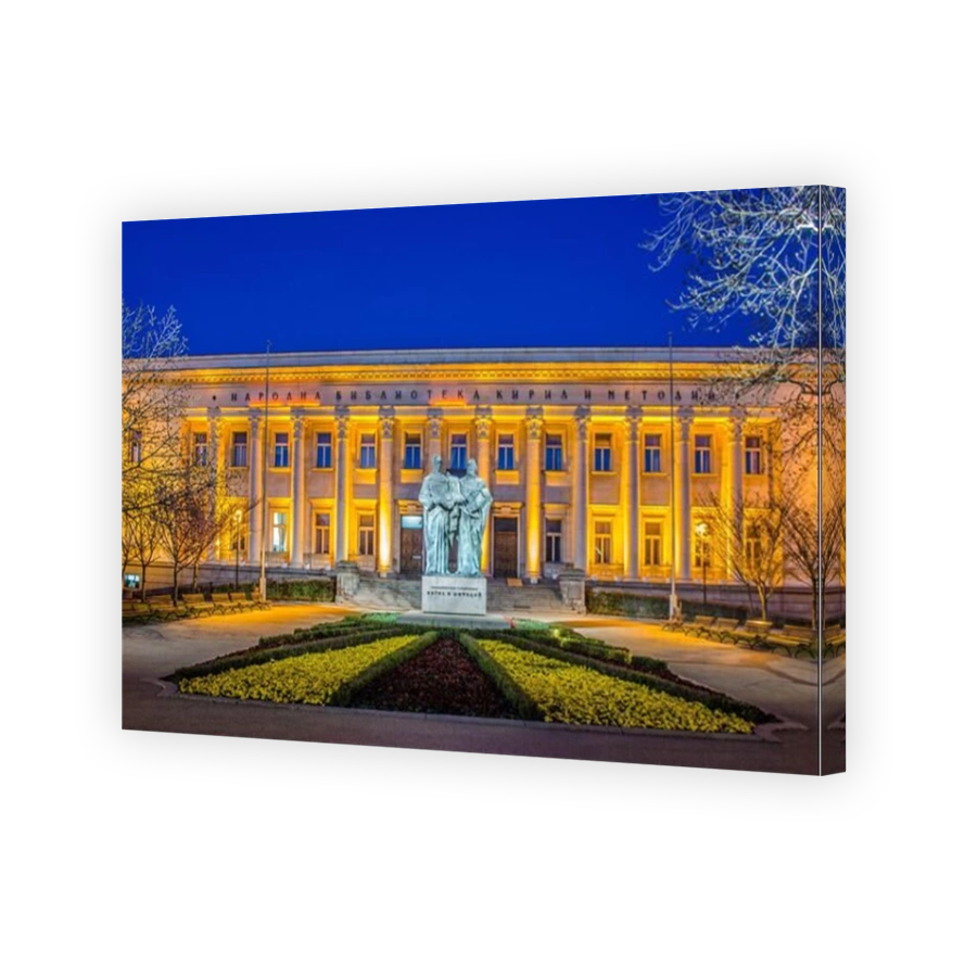 night view of the illuminated Bulgarian National Library St. Cyril & Methodius