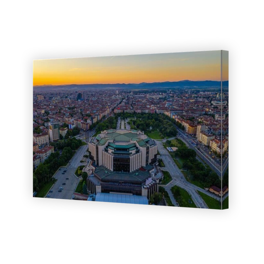 Sofia, Bulgaria, July 1, 2020: Sunset aerial view of the National Palace of Culture in Sofia, Bulgaria