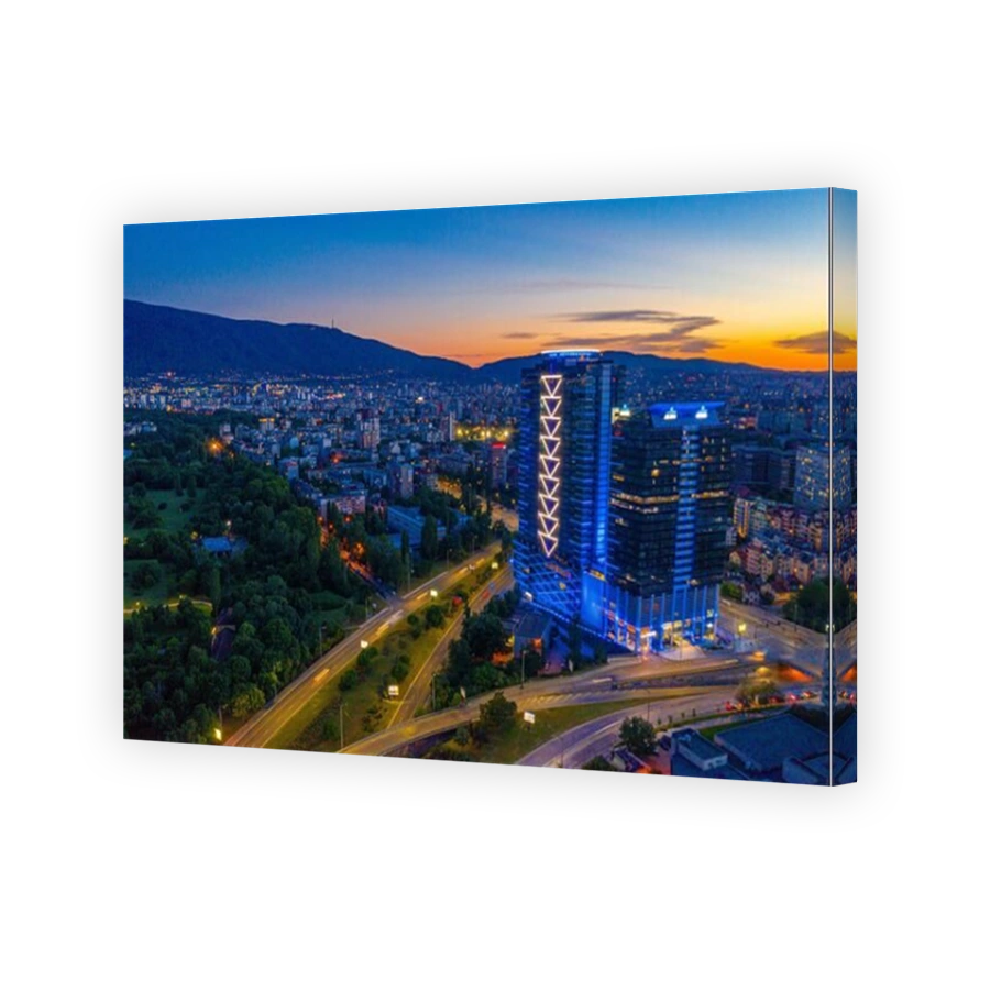 Sofia, Bulgaria, July 1, 2020: Sunset aerial view of downtown Sofia in Bulgaria