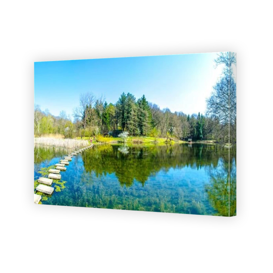 path leading to a forest in bulgaria is splitting small lake in half.